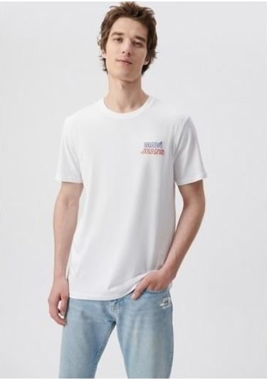 Mavi M066841-620 Beyaz Erkek Mavi Baskılı T-shirt Beyaz