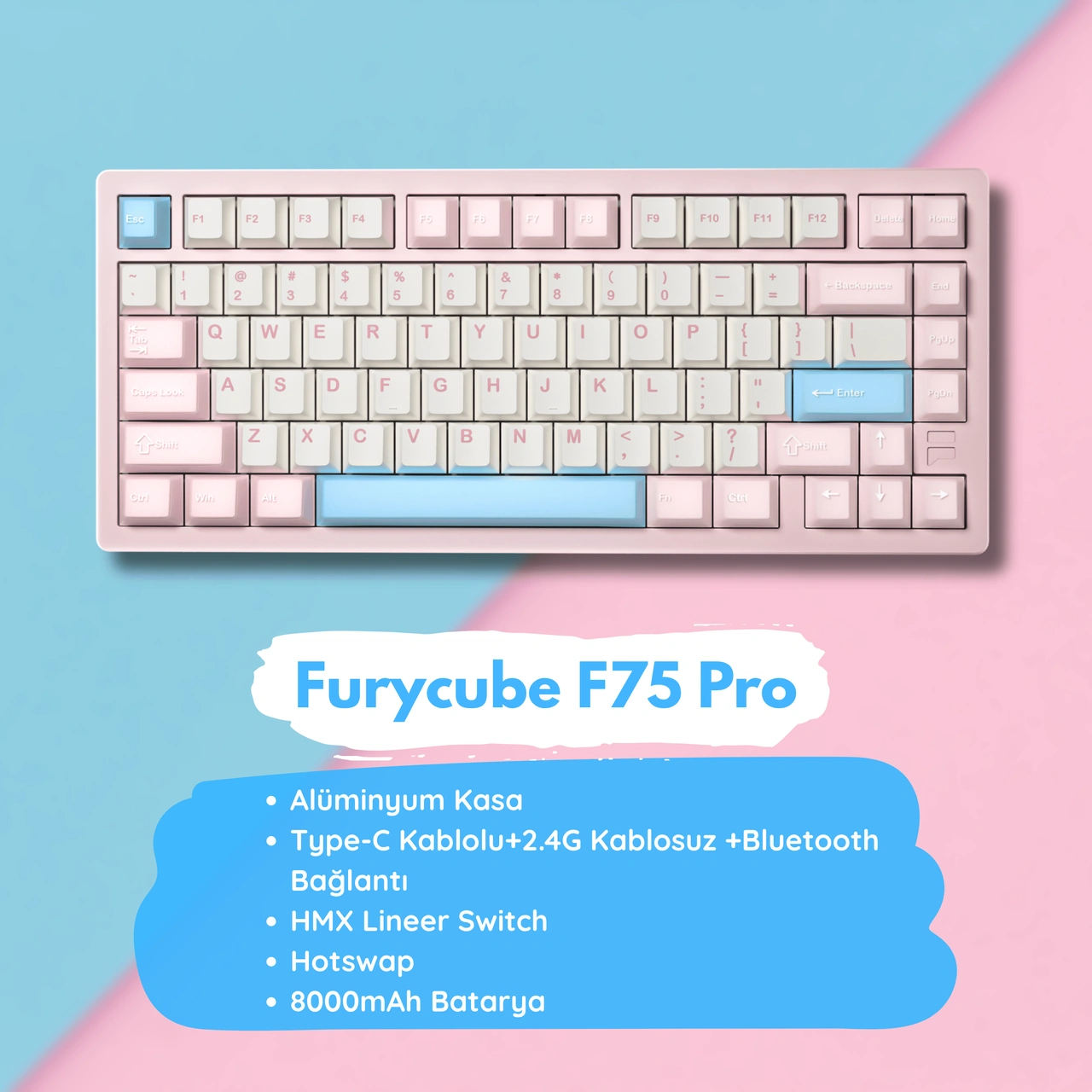 Furycube F75 Pro Alüminyum Mekanik Klavye - Rgb, Hotswap, Kablosuz, Mac/windows Uyumlu, Pembe