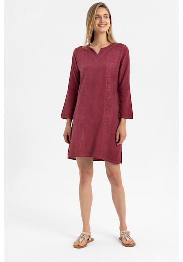 Bordo İşlemeli Uzun Kollu Astarsız Pamuklu Kısa Elbise-bordo