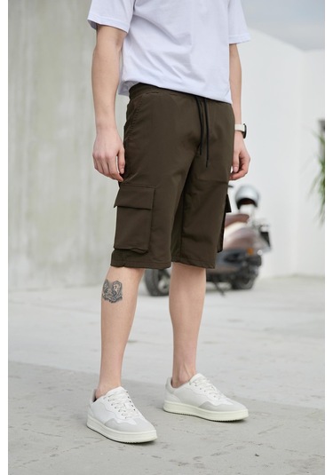 Haki Renk Kargo Cepli Paraşüt Kumaş Erkek Şort-1558 Haki