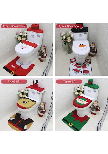 Folinda Elk Desenli Noel Banyo Dekorasyon Seti: Doku Battaniye + Tuvalet Kapağı Örtüsü + Tank Kapağı - Yumuşak, Kaymazsız, Yeniden Kullanılabilir Diğer