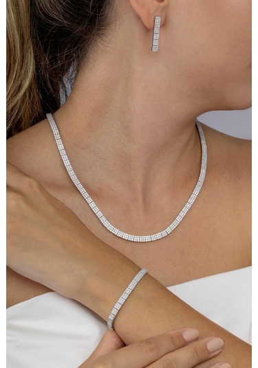 Gümüş Pazarım Beyaz Altın Kaplama 3 Sıra Su Yolu 925 Ayar Gümüş Düğün Seti Gümüş