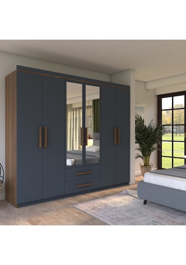 Metalia Gm 820 Armina Lüx 6 Kapılı 2 Çekmeceli Gardrop Ceviz Antrasit Gri