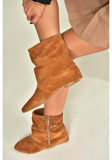 Fox Shoes V380614202 Taba Hakiki Deri Süet Fermuar Detaylı Günlük Kadın Bot Taba
