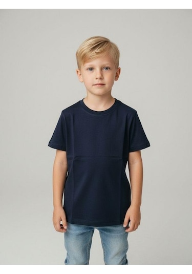 Zekids Çocuk Pamuklu Basic Yuvarlak Yaka T-shirt-16714 Lacivert