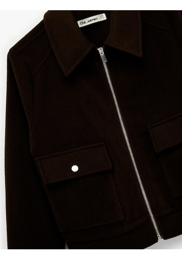 Koton Uzun Kollu Klasik Yaka Cep Detaylı Oversize Fermuarlı Ceket Kahverengi 6wal60068ıw Kahve