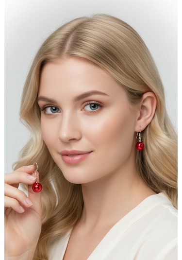 925 Ayar Gümüş Kancalı Küpe 10 Mm Kırmızı Zirkon Taşlı Küpe B