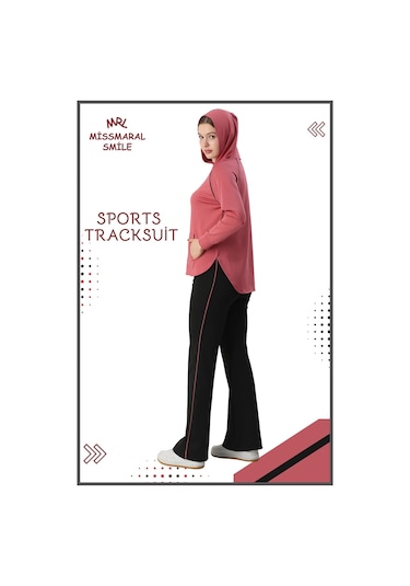 Kadın Spor Eşofman Takım İspanyol Paça Çift Cepli Alt &kapüşonlu Kanguru Cepli Üst Gül Kurusu 3053 Gül Kurusu