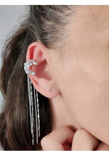 Yıldız Zirkon Taşlı Model Kıkırdak Sağ Kulak Gümüş Renk Küpe Silver