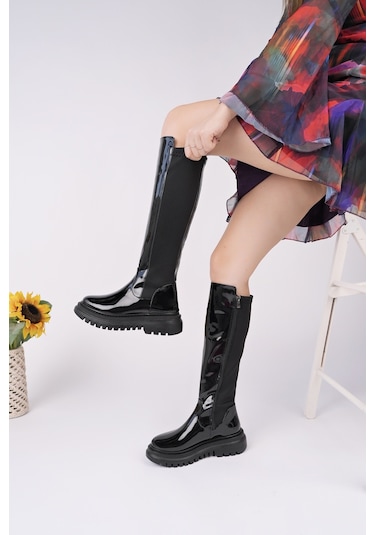 Muggo Nerox Kalın Taban Streç Detaylı Fermuarlı Kadın Çizme SİYAH RUGAN