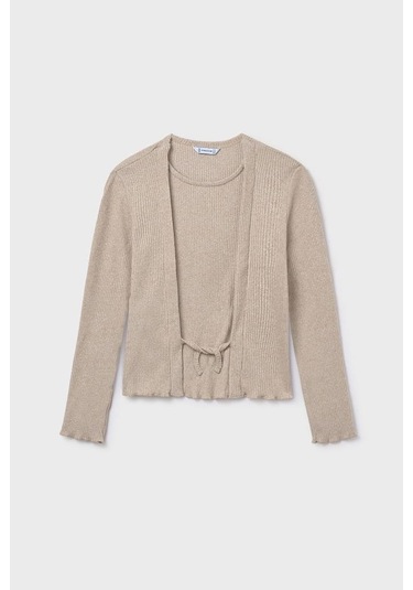 Kız Çocuk Önü Bağlamalı Örme Triko - Bej Susam