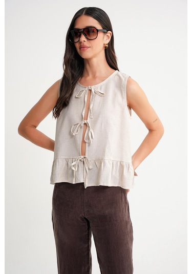 4717 Kadın Önü Bağcıklı Fırfırlı Kolsuz Keten Bluz Naturel Naturel