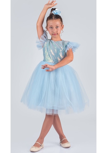 Tüllü Kız Çocuk Kpl Elbise Mnk0526 Mavi