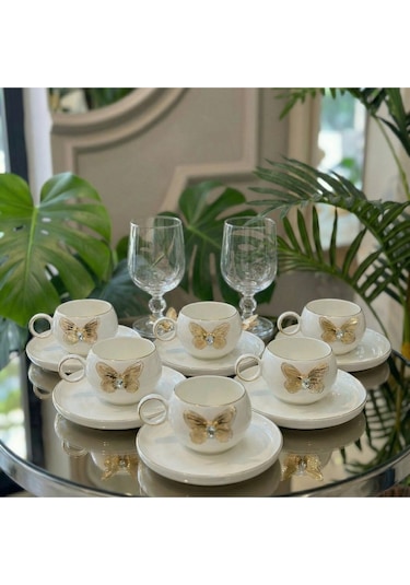 Alfafe Home Kelebek Detaylı 6 Lı Türk Kahvesi Fincan Takımı Gold Porselen Set Şık Çeyiz & Misafir Sunumluk Altın