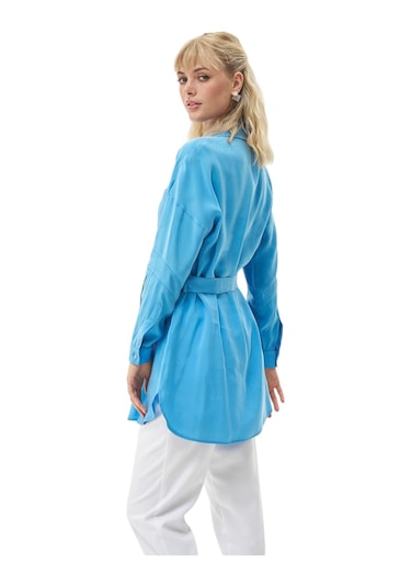 Kayra Yakası Kuş Gözü Detaylı Rayon Tunik Gök Mavi