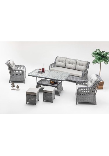 Alaska Oturma Grubu Bahçe ve Balkon Mobilyası Takımı (3+1+1+Masa+2 Puf) Gri