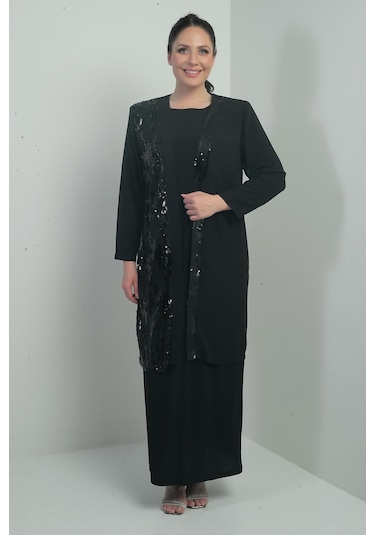 Kadın Önü Pulpayet Şifon Ceket Astarlı Kollu Sandy Uzun Elbise Büyük Beden 2'li Takım-40863 Siyah