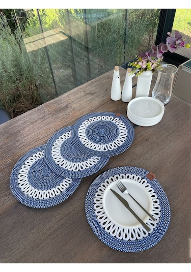 4 Kişilik Yuvarlak Amerikan Servis Özel Tasarım Lacivert 33 X 33 Cm Koyu Mavi