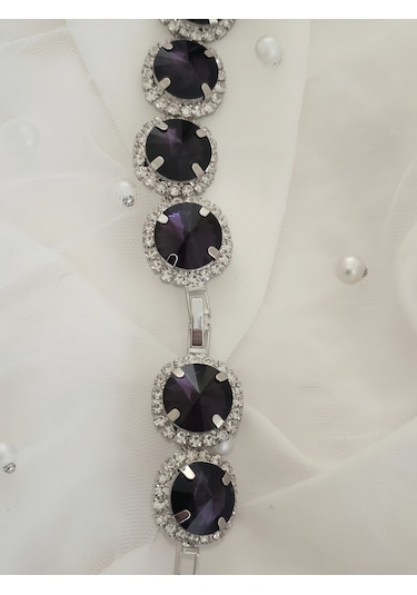 Riviere Kristal Taşlı Çiçek Model Mor Renkli Kolye Küpe Set