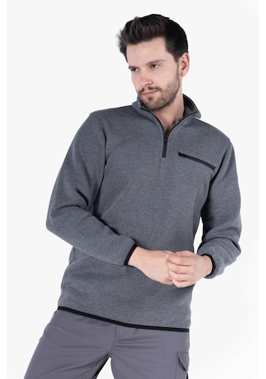 3 İplik Dik Yakalı Fermuarlı Sweatshirt Füme Melanj