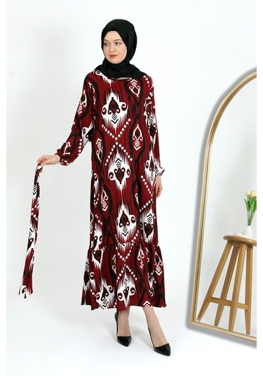 Desenli Bürümcük Elbise Bordo