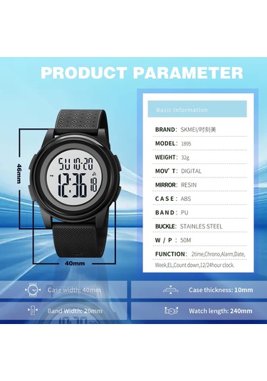 Tenfowee Skmeı 1895 Erkek Kadın Spor Saatleri - 50m Su Geçirmez, Led Işıklı Ekran, Alarm, 12/24 Saat Formatı, Pu Kordon Siyah Beyaz