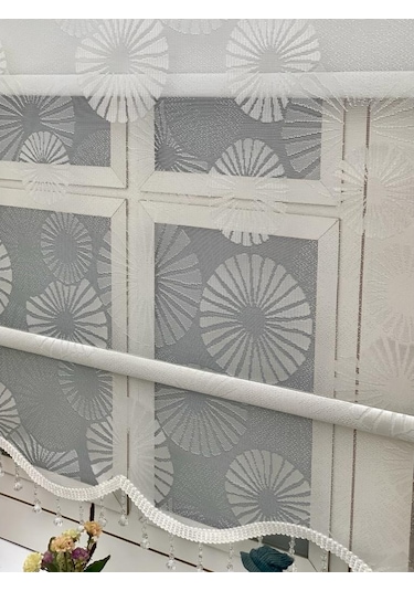 Ekru Spor Desenli Çift Mekanızmalı Tül Stor Perde (125401071)