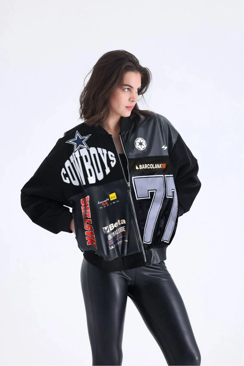 Kadın Oversize Baskılı Deri Motorcu Montu Fermuarlı Yarışçı Ceket Astarlı Bomber Kolej Mont Siyah