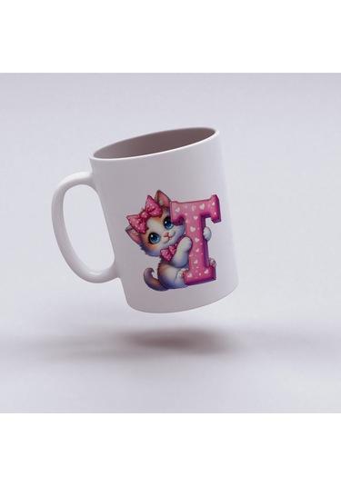 T Harfli Bardak, Sevimli Kedili Pembe Tasarım Bardak, Arkadaşa Aileye Hediye Porselen Beyaz