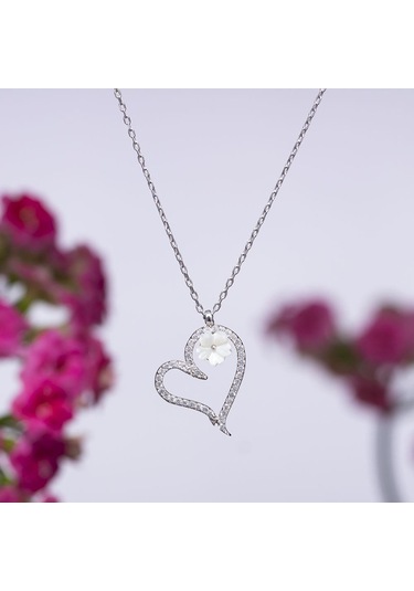 Nagıss Kalp Model Sedef Çiçek Detaylı Zirkon Taşlı 925 Ayar Gümüş Kadın Kolye