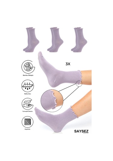 Bambu Kadın Lastiksiz Lila Fırfırlı Soket Dikişsiz Çorap 3'lü Paket / İz Bırakmaz / Sıkmayan Çorap Renkli