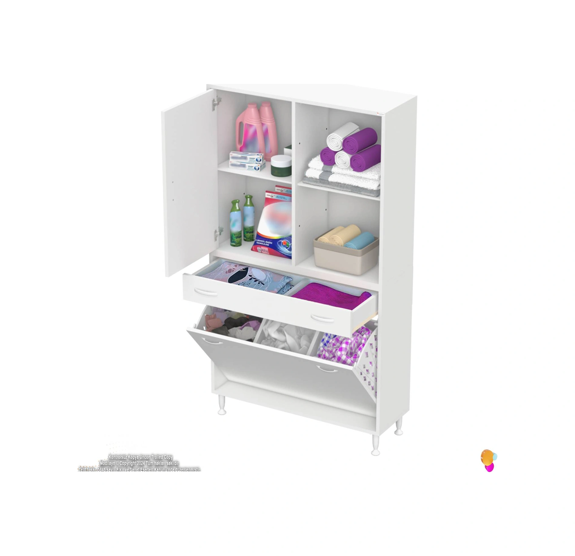 Kayra Tek Çekmece, 3 Göz Sepet, 1 Kapak, 4 Raf Dar Alan Banyo Dolabı 100x173x32,5 Cm Beyaz