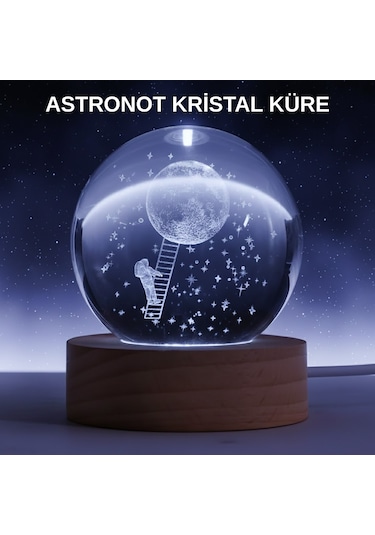 Lazer İşlemeli 3d Astronot Kristal Küre Led Işıklı Uzay Temalı Gece Lambası