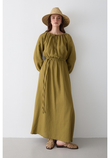 Haki Bağlama Detaylı Müslin Elbise - 2004 Haki