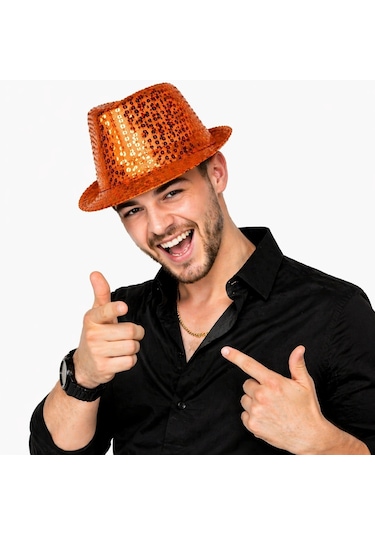 Turuncu Payetli Disco Parti Şapkası Yetişkin Işıltılı Fötr Model Diğer