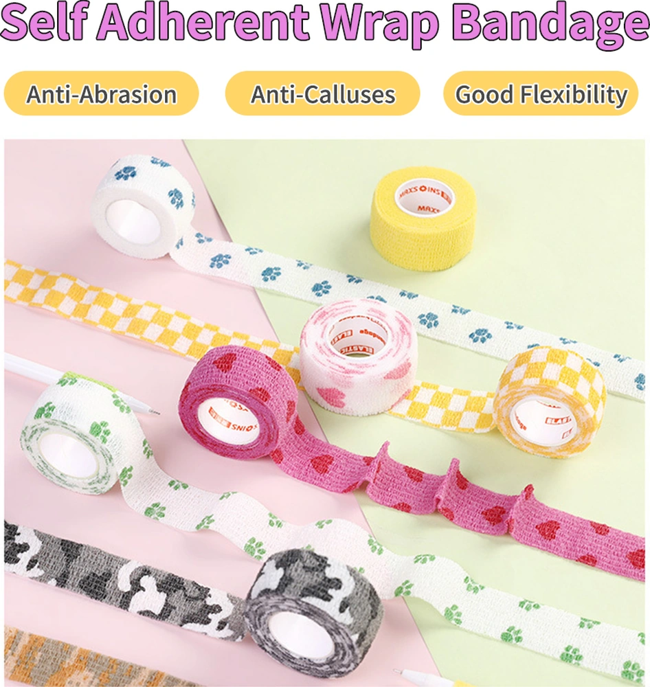 Neevoyu 4 Adet Yazma Kullanıma Uygun Topuk Korumalı Bandaj - Panda, Pinguin, Sevgi, Mavi Pençe Desenli - 25mm X 4.5m Nem Geçirgen Non-woven Bez