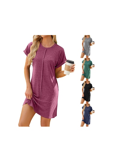 Sones Kadın Organik Pamuk Kısa Kollu Midi Elbise Rahat Bol Kesim Saf Renk İlkbahar Yaz Elbisesi Şarap Kırmızısı