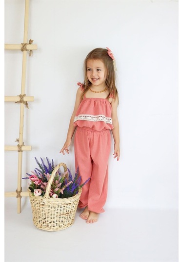 Kız Çocuk Pera Somon Şile Bezi Askılı Dantel Detaylı Tulum Toka Takım Tlm-0059.12 Somon