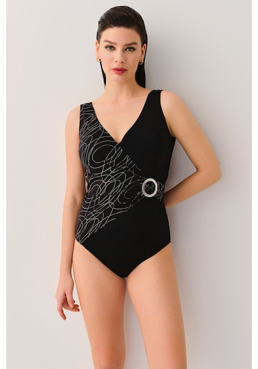 Suwen Lenora Kruvaze Toparlayıcı Mayo Sb25170900900 Siyah Simli Siyah