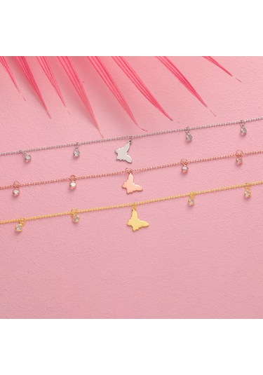 Queen Silver Jewelry 925 Ayar Gümüş Kelebek Objeli Zirkon Taş Sallantılı Halhal Altın