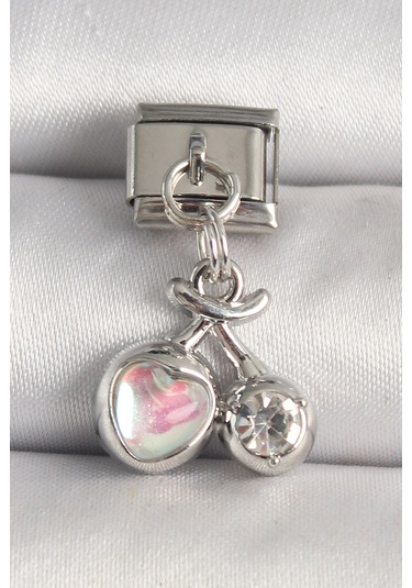 316l Çelik Gümüş Renk Pembe Mineli Kalp Zirkon Taş Detay Nomination Charm - Tj-bc1240 Gümüş