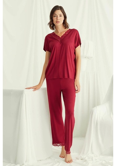 Monamise 18495 Kadın V Yaka Kısa Kollu Pijama Takımı-kırmızı Kırmızı