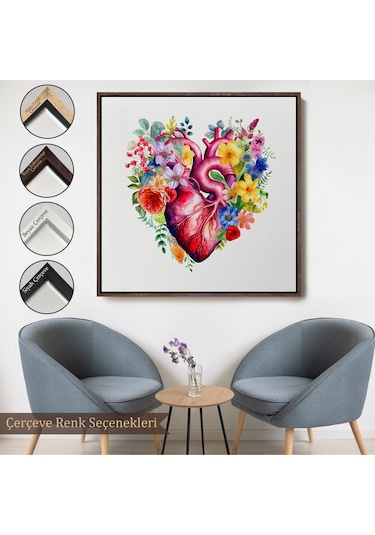 Ahşap Çerçeveli Çiçeklerle Çevrili Kalp Tablosu - Doktor Hediyesi-8325
