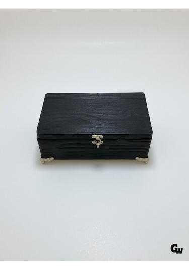 Doğal Ahşap Hareli Takı Kutusu Ahşap Saklama Kutusu Beyaz Çam Antrasit Boy:20cm En:12cm Yük:8cm