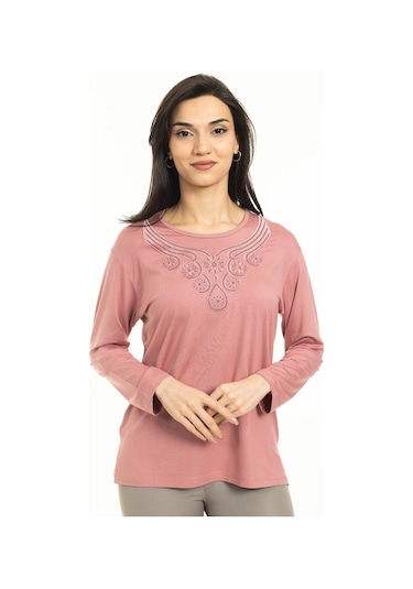 Kadın Orta Yaş Ve Üzeri Yeni Model Yuvarlak Yaka Likralı Anne Penye Bluz 30550-pudra