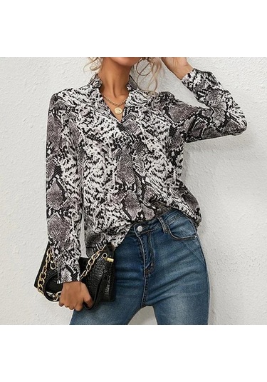 Baskı Yılan Vintage Kadın Uzun Kollu Gömlek İlkbahar Ve Sonbahar Moda Rahat Kadın Bluz Ofis V Yaka Kadın Gömlekleri Üst Giyim 22096 Gri