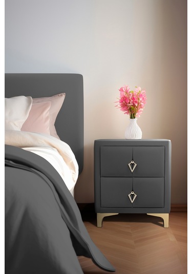 Harmony Gold Iki Çekmeceli Komodin- Yatak Odası Kumaş Döşemeli 2 Kapaklı Komodin Modeli Gri