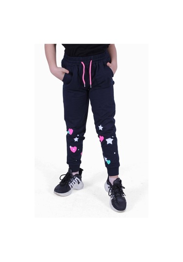 Fyk Kids Baskılı, Kalp Desen Detaylı Kız Çocuk Eşofman Altı Lacivert