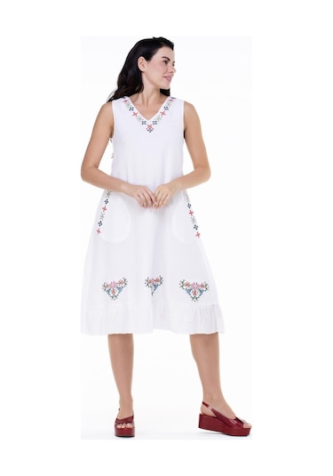 Kolsuz Şile Bezi Mehtap Midi Boy Elbise Beyaz Byz-beyaz Beyaz