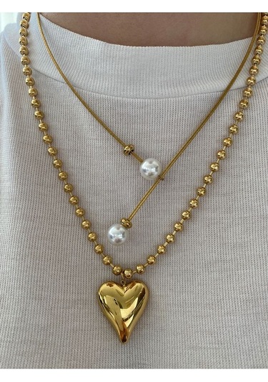 Kadın Sıralı Toplu İri Kalp Çelik Kararmaz Gold Kolye